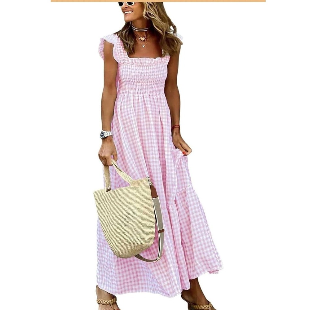 Unbranded Gingham Maxi Dress Womens Small Pink Smocked Tiered Cotton Pockets